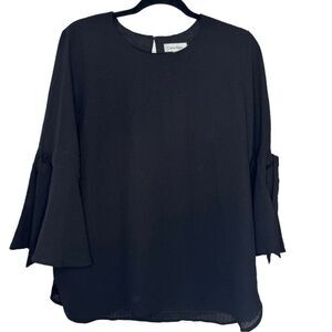 Women Calvin Klein Black Textured Bell Flounce Sleeve Professional Blouse Size M